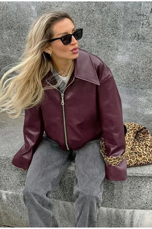 Burgundy Lapel Zip Leather Jacket