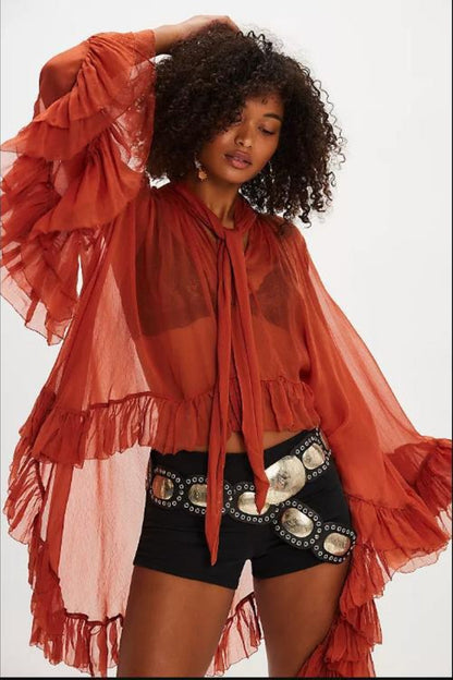 Sheer Flare Sleeve Tie Blouse