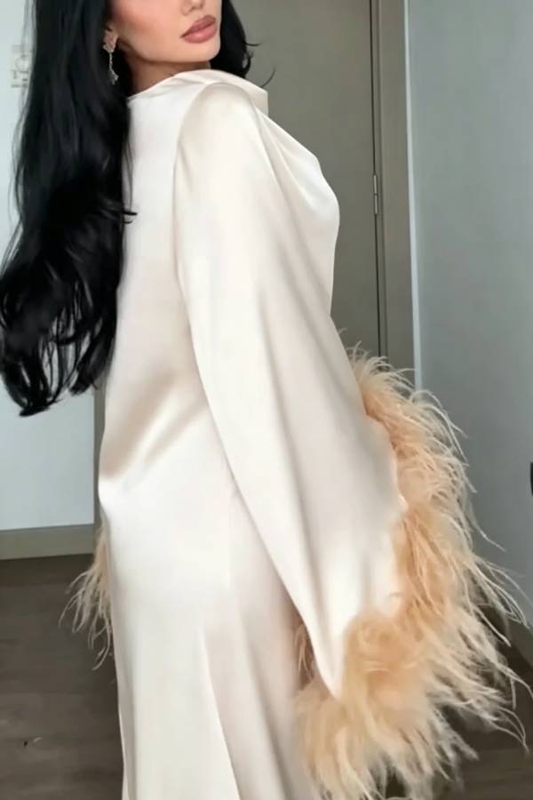 Nadina Satin Cowl Neck Long Feather Trim Sleeve Loose Maxi Dress