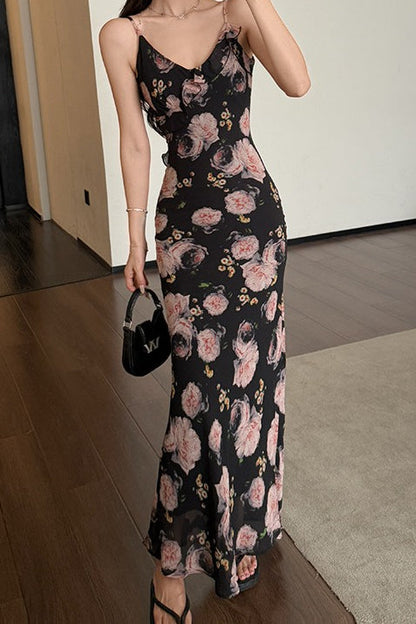 Printed Ruffle Detail Slim Long Floral Dress