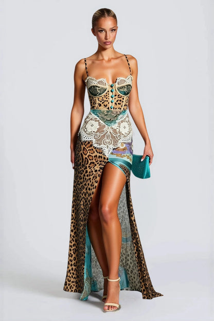 Print Lace Corset Bodice High Slit Maxi Dress