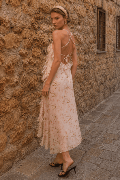Strap Backless Ruffle Floral Dress