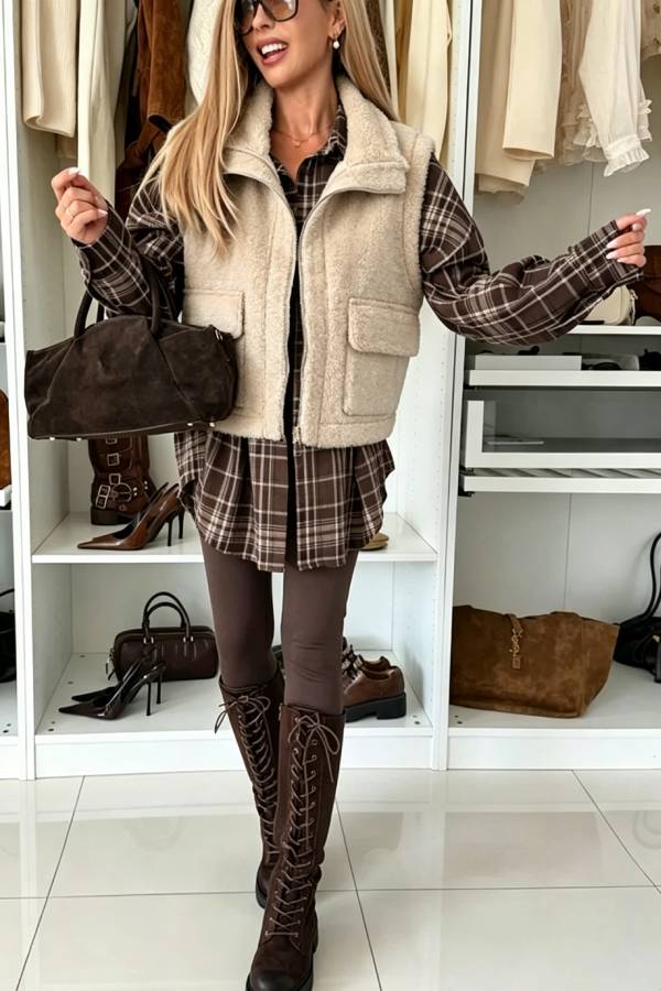 Stylish and multifunctional faux Leather plush patchwork zipper pocket Reversible Vest