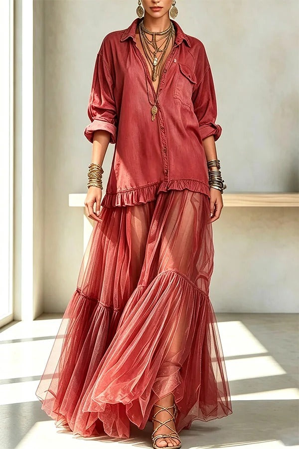 Retro-style Faux Denim Long Sleeve Pocket Tulle Hem Shirt Maxi Dress