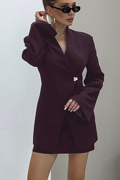 V Neck Long Sleeve Fitted Two Piece Blazer Skirt Set