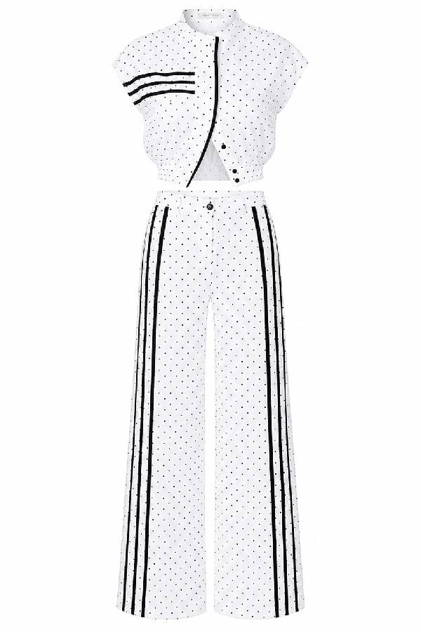 Sporty Polka Dot Striped Print Short Sleeve Jacket and High Rise Elastic Waist Wide Leg Pants Set