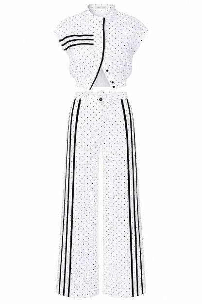 Sporty Polka Dot Striped Print Short Sleeve Jacket and High Rise Elastic Waist Wide Leg Pants Set