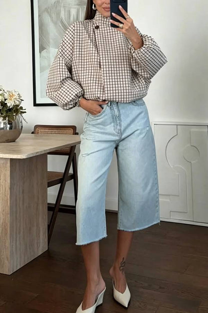 Contrast Color Decorative Plaid Pattern Button Balloon Sleeve Pocket Bomber Jacket