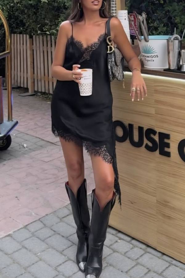 Asymmetric Satin Dress With Lace - Black