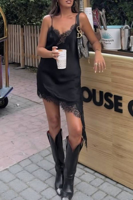 Asymmetric Satin Dress With Lace - Black