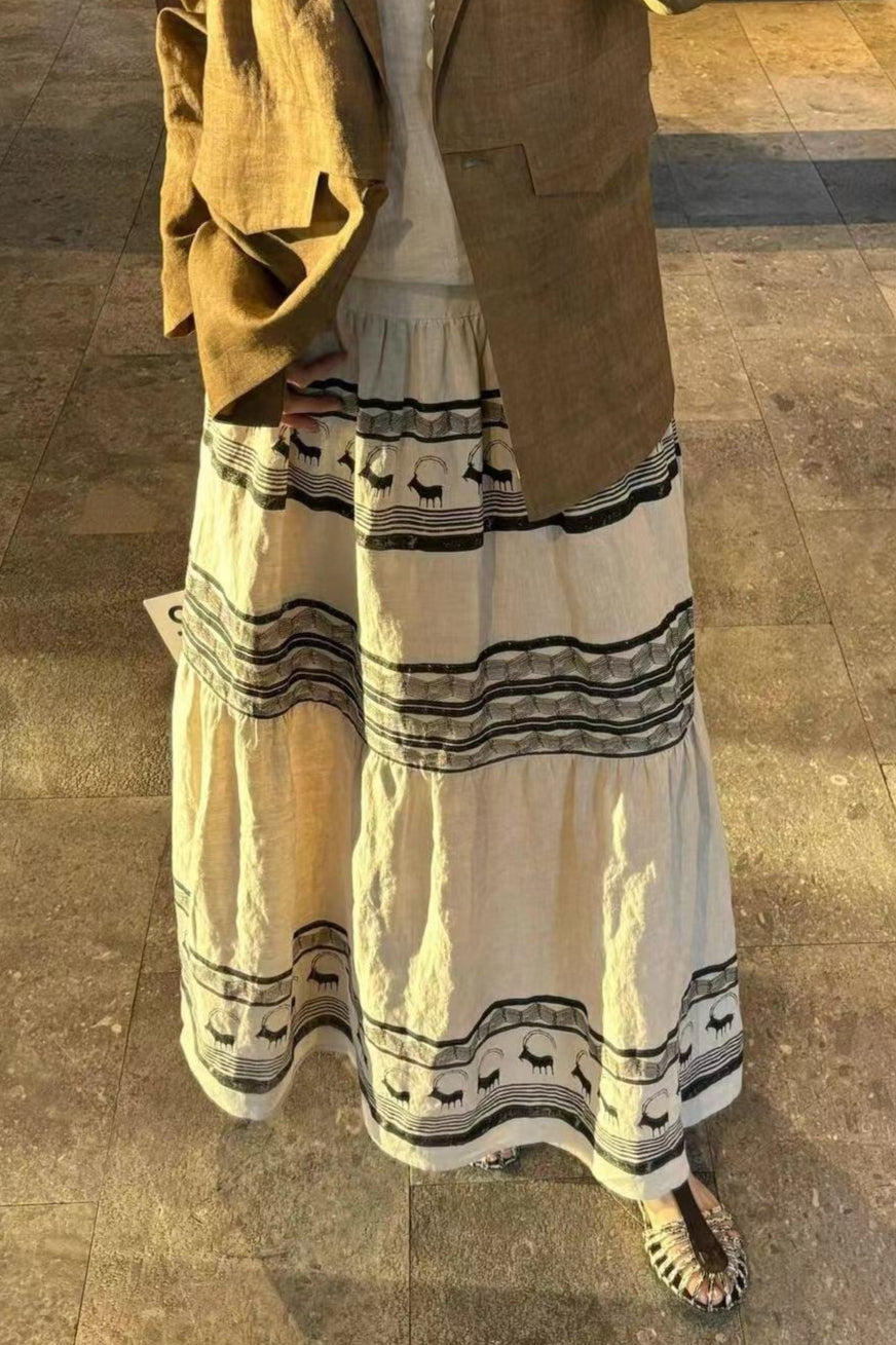 Printed Linen High Waist A Line Boho Skirt