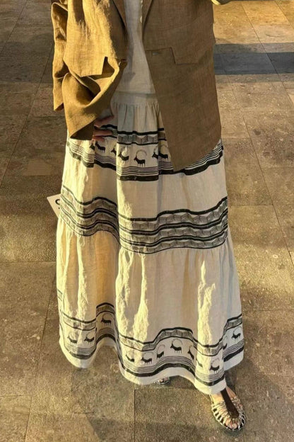 Printed Linen High Waist A Line Boho Skirt