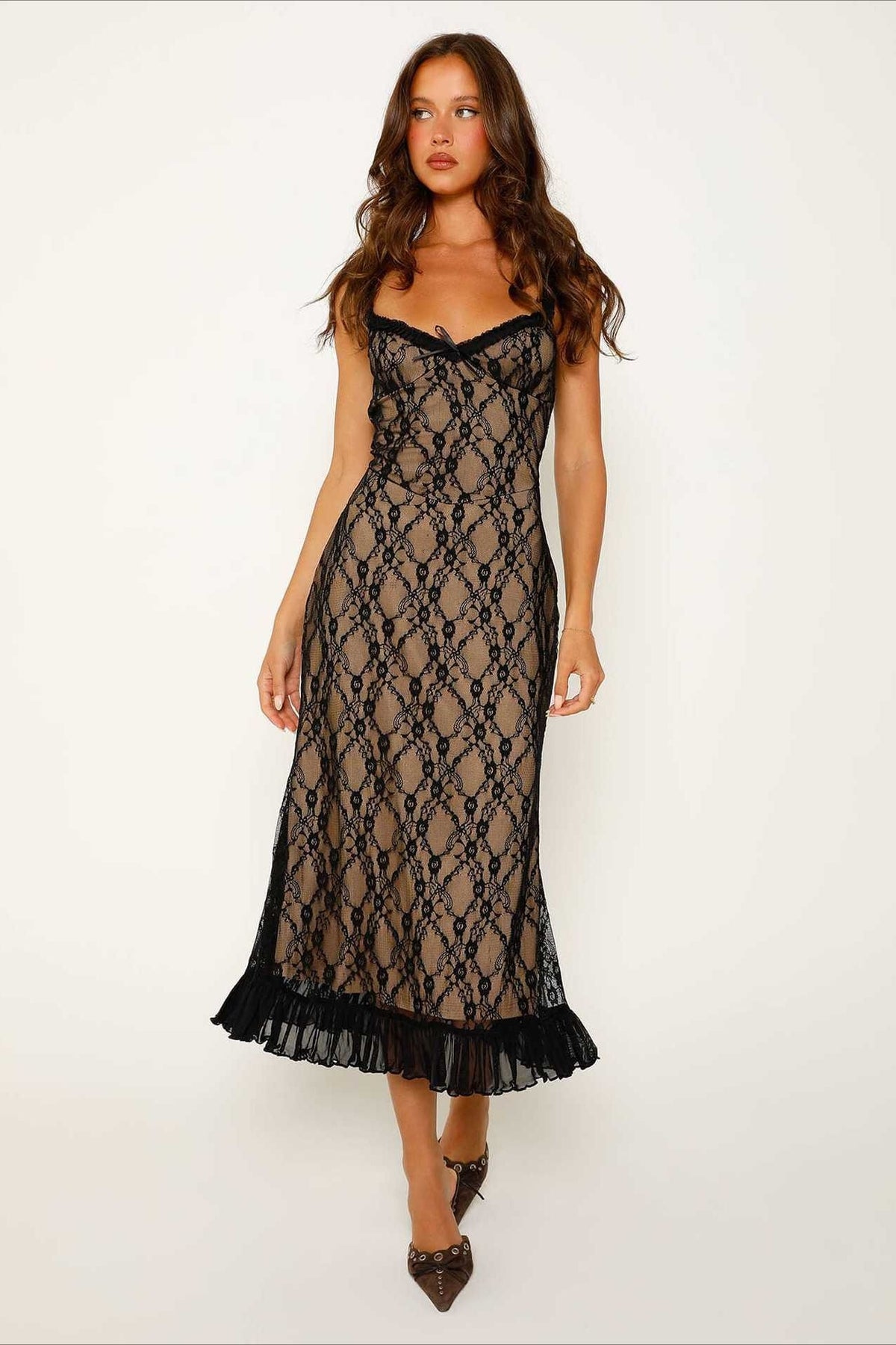 Deep V Mesh Patchwork Lace Dress