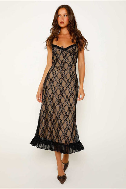 Deep V Mesh Patchwork Lace Dress