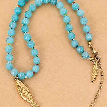 Blue Stone Fish Beaded Necklace