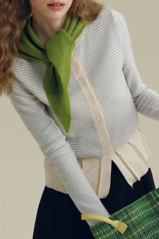 Pleated Hem Stripe Knit Cardigan