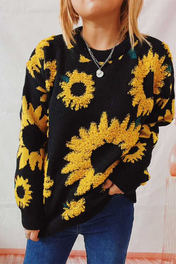 Sunflower Jacquard Crewneck Long Sleeve Knit Pullover Sweater