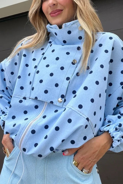 Kadence Polka Dot Zipper Lapel High Neck Drawstring Hem Sporty Jacket