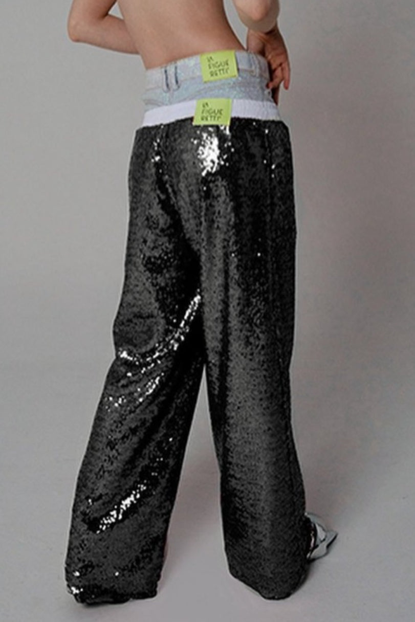 Sequin Color Block Slim Loose Pants