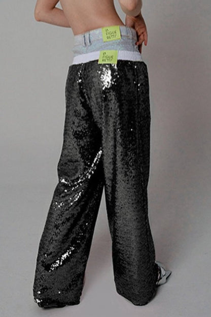Sequin Color Block Slim Loose Pants
