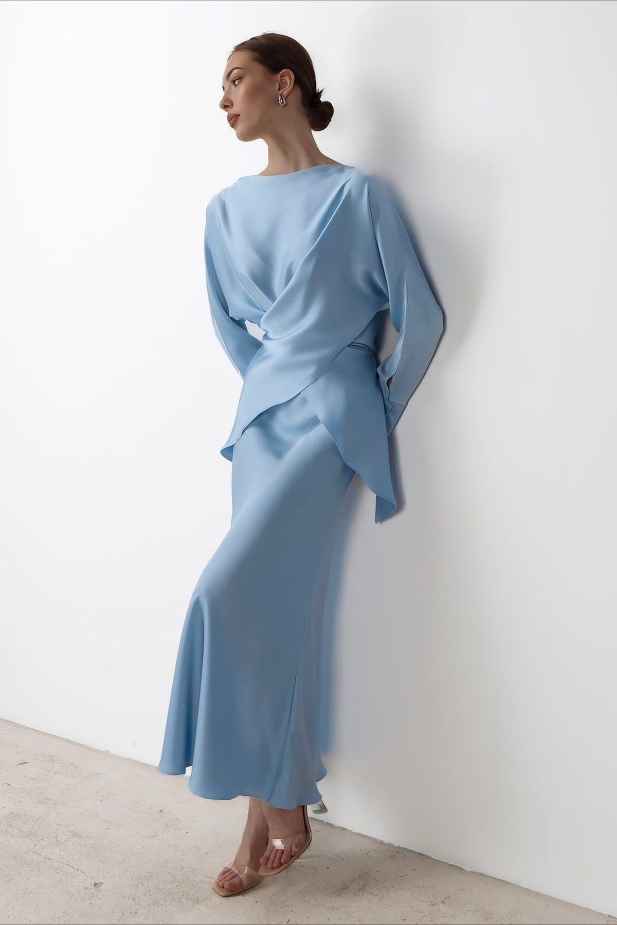 Solid Satin Cinched Waist Skirt Set
