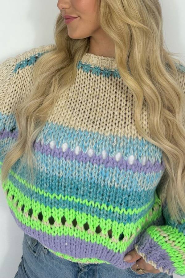 Rainbow Mood Multicolor Round Neck Hollow Long Sleeve Knitted Sweater