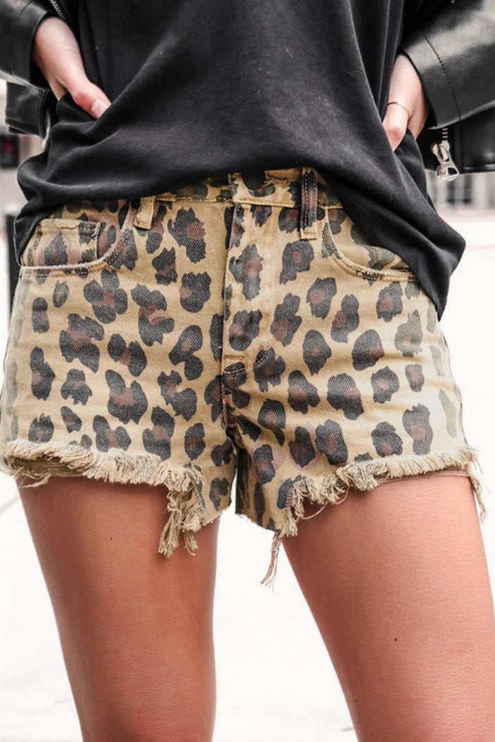 Leopard Print High Waist Denim Shorts