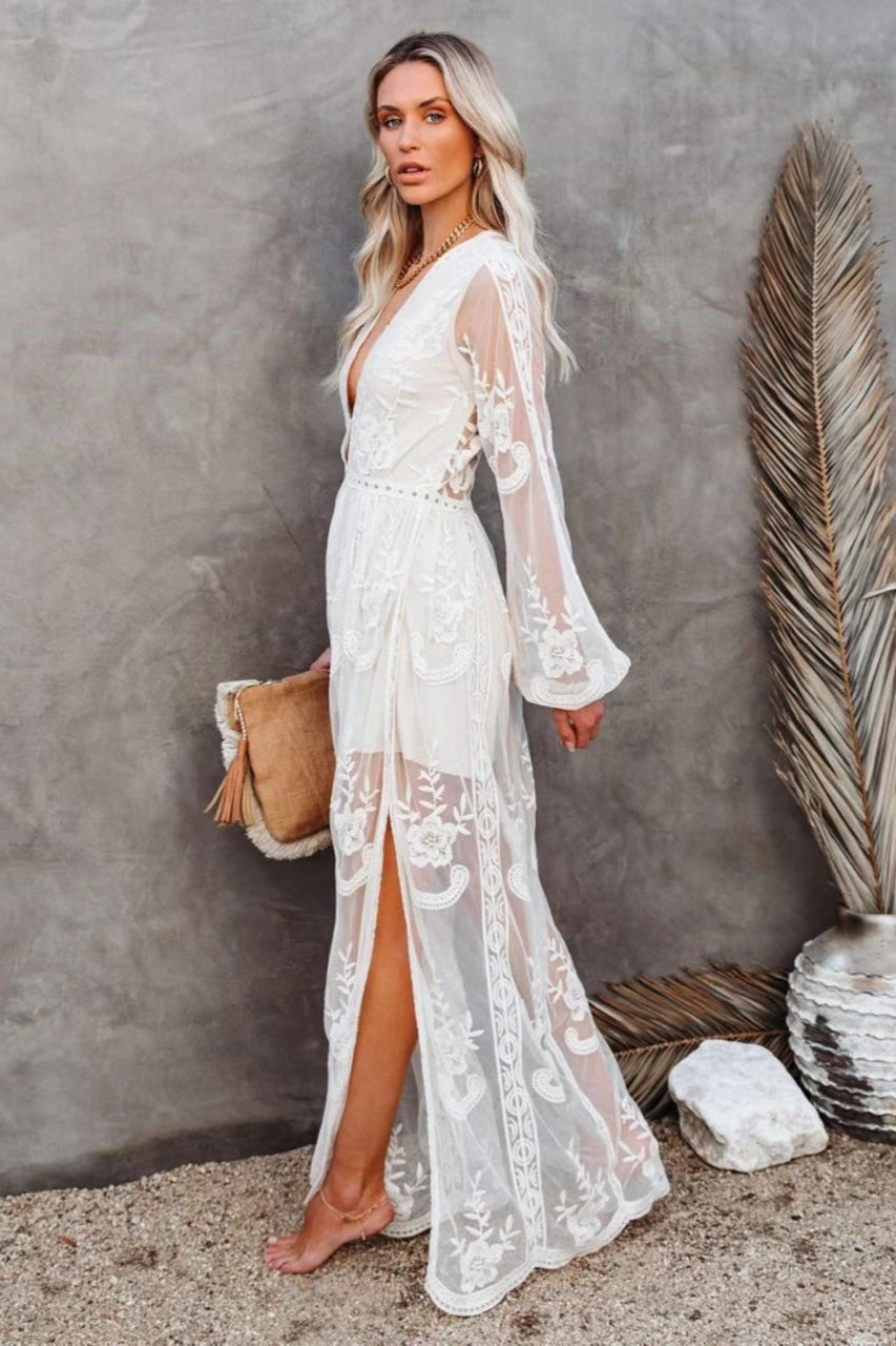 Embroidery V Neck Lace Maxi Boho Dress