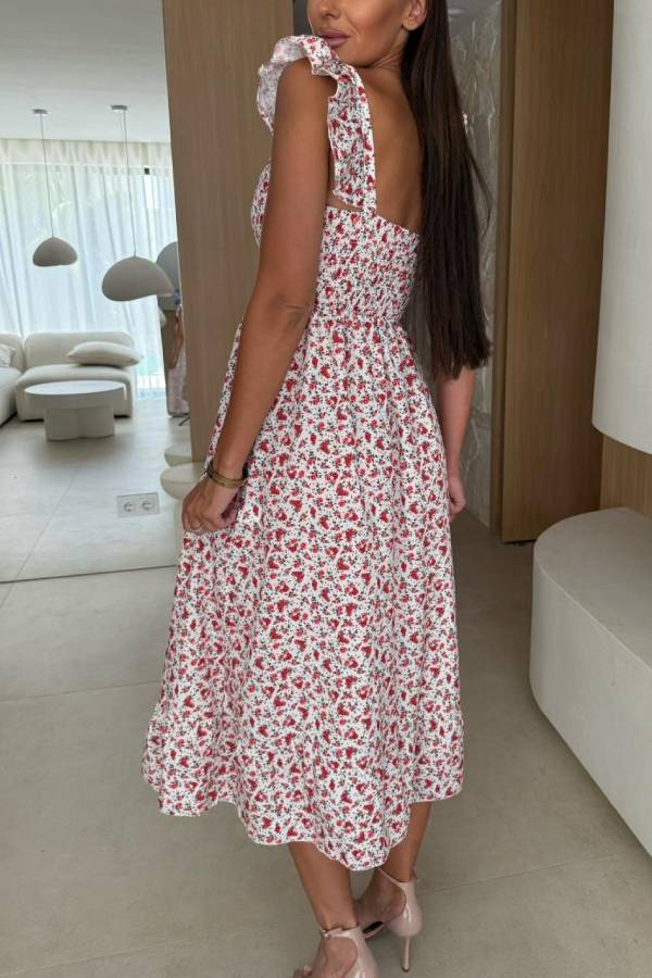 Floral Print Square Neck Pleated Back Midi Dress
