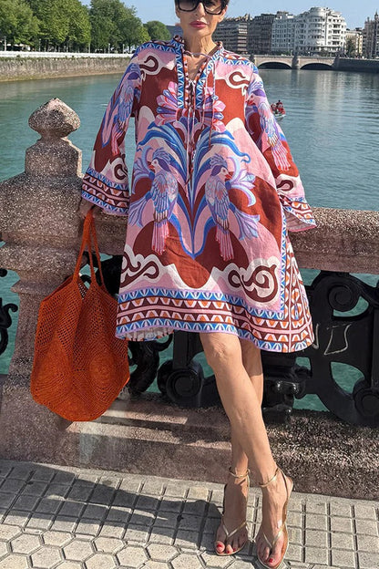 Lucia Linen Blend Vacation-style Print Tie-up Neck Long Sleeve Pocket Loose Mini Dress