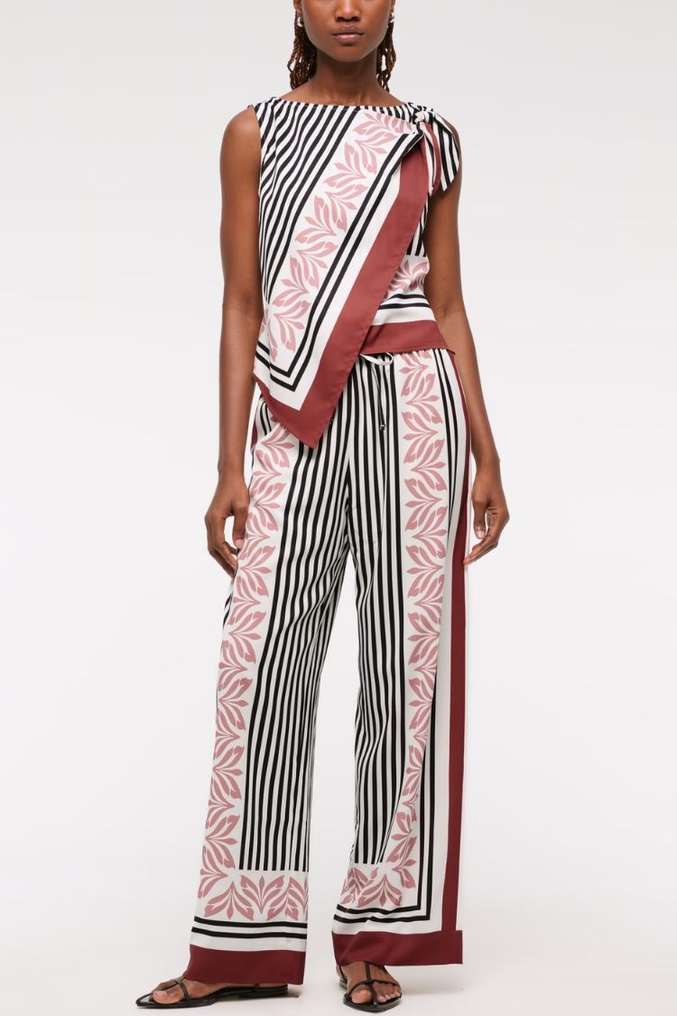 Gracie Unique Print Knotted Scarf Top and Elastic Waist Pocketed Loose Pants Set