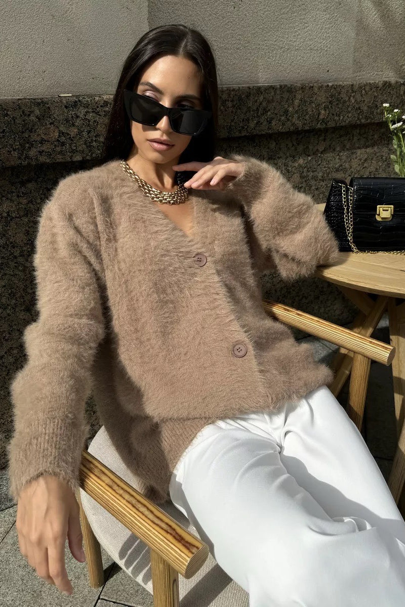 Faux Fur V Neck Cardigan