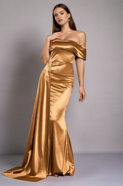 Solid Satin Off-Shoulder Strapless High Waist Formal Dress