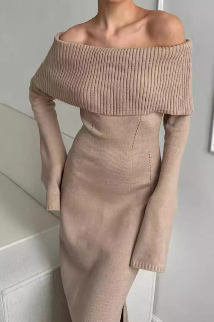 Collared Off-Shoulder Knit Sweater Dress