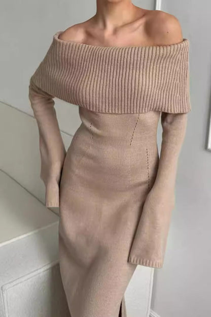 Collared Off-Shoulder Knit Sweater Dress