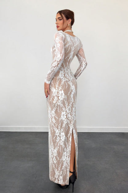Lace Corset Square Neck Long Sleeve Bodycon Midi Dress