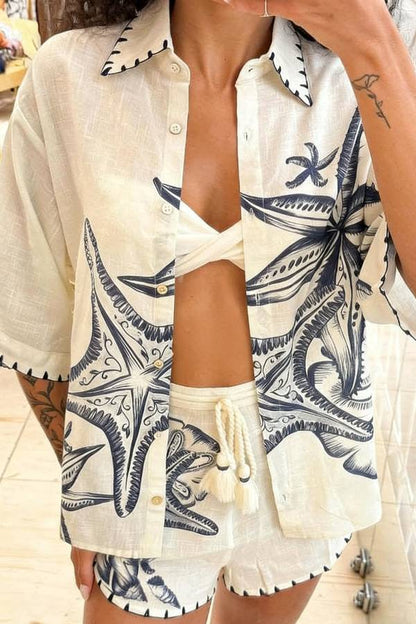 Linen Blend Starfish Print Collared Loose-fitting Shirt and Elastic Waist Casual Pocket Shorts Set