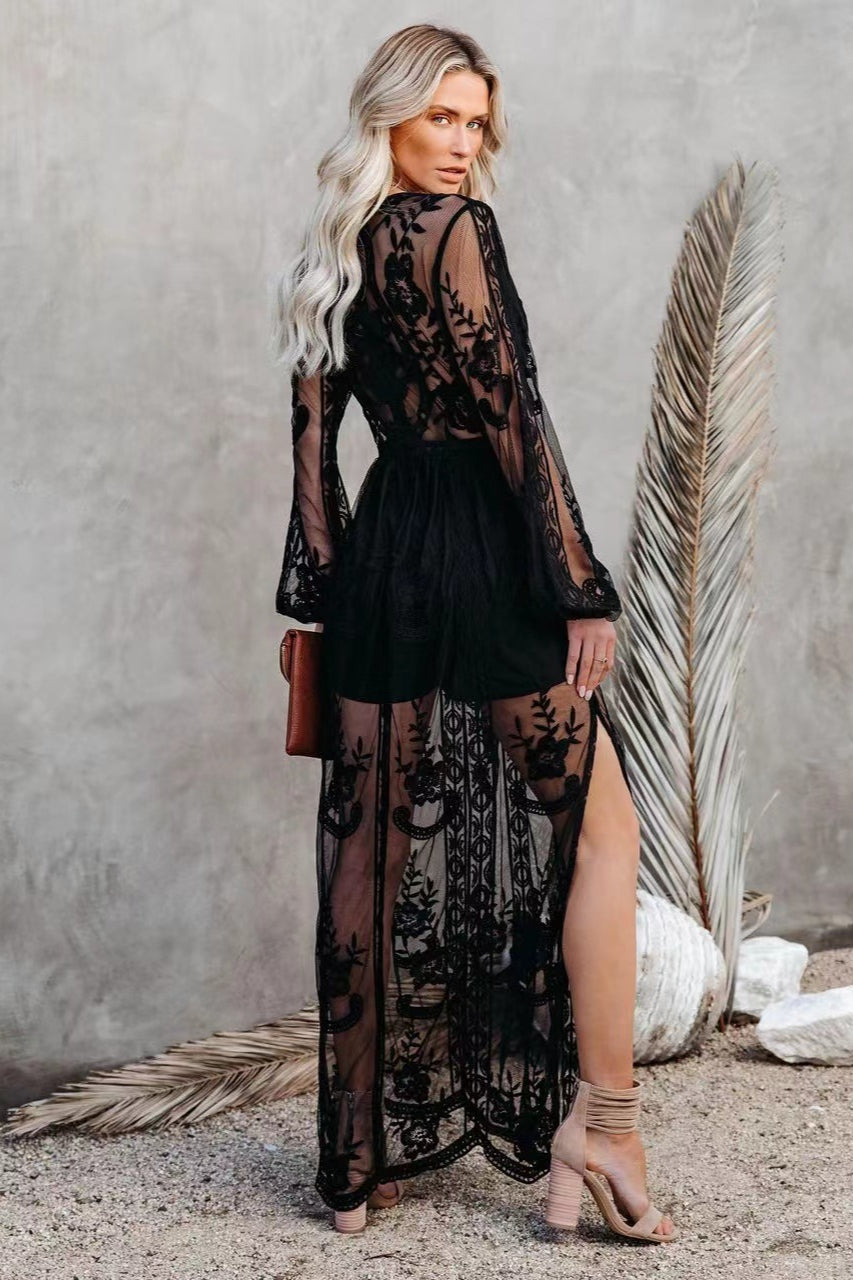 Lace Long Sleeve V Neck Solid Chiffon Boho Dress
