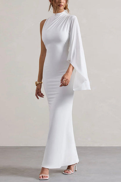 Mock Neck One Shoulder Ruffle Sleeve Mermaid Hem Maxi Gown