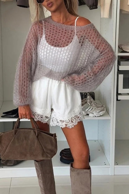 Lightweight and Soft Knit Cutout Wide Neck Balloon Sleeve Relaxed Sweater