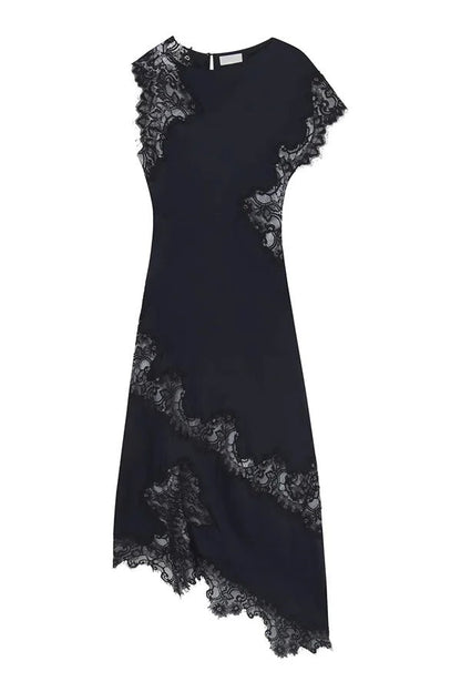 Paris Dream Satin Lace Trim Irregular Design Drape Maxi Dress