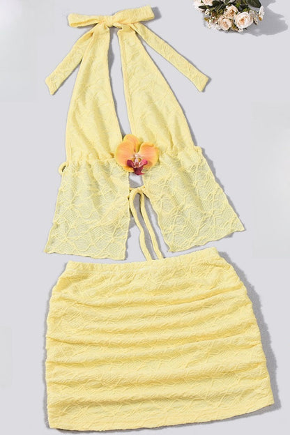 Sexy Yellow Beach Halter Mini Skirt Set