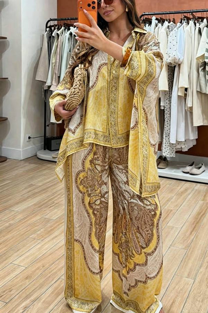 Julia Paisley Print Batwing Sleeve Irregular Hem Blouse and Elastic Waist Pocket Loose Pants Set