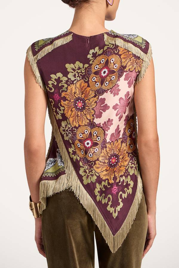Retro Floral Print Tassel Triangle Hem Sleeveless Top
