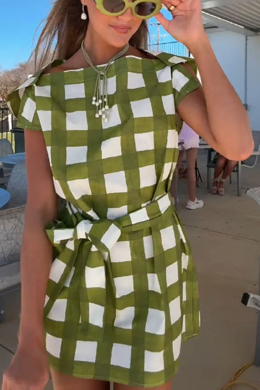 Elena Plaid Print Split Short Sleeve Tie-up Waist Loose Mini Dress