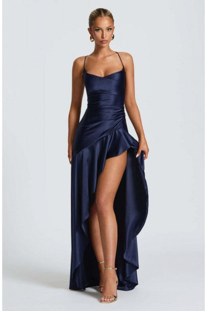 Spaghetti Strap Backless Ruffle Prom Dress