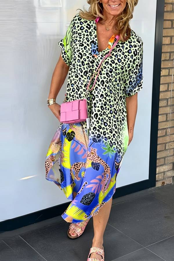 Gradient Leopard Print Tropical Floral Loose Dress