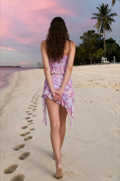 Purple Printed Frill Tube Top Trendy And Mini Skirt Two Piece Set
