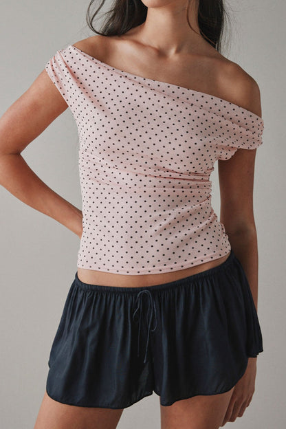Polka Dot One Shoulder Ruched Crop Top