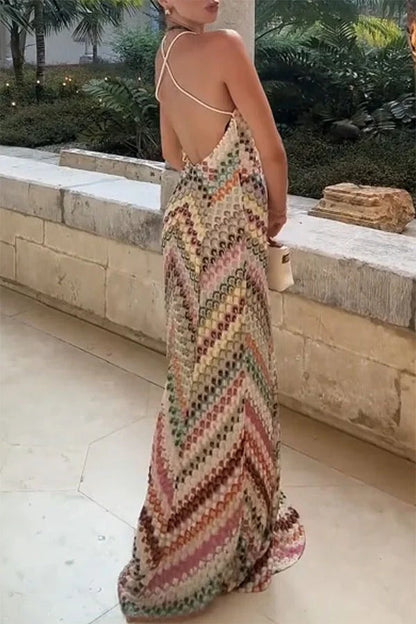 Missoni Summer Knit Colorful Herringbone Print Open Beck Maxi Dress